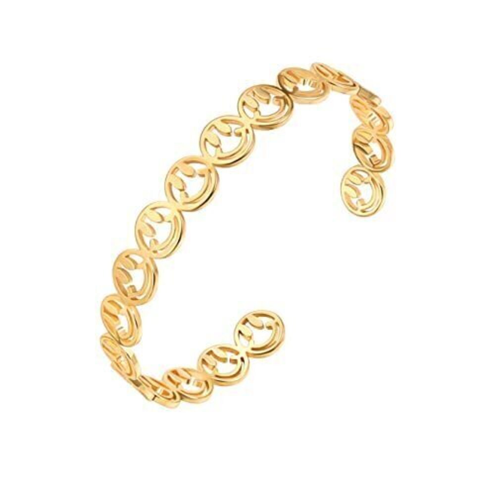 2616 18K Gold Smiley Face Bangle Bracelets Dainty Hollow Friendship Charm